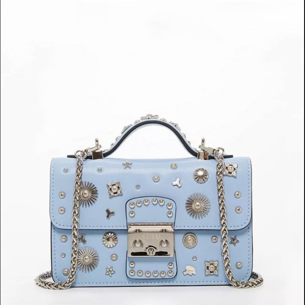 SUSU The Hollywood White Leather Crossbody Bag Baby Blue color